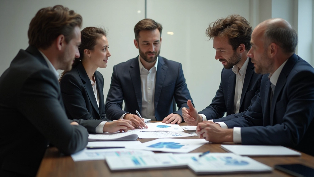 Деловое совещание команды финансистов с обсуждением годового бюджета и прогнозов