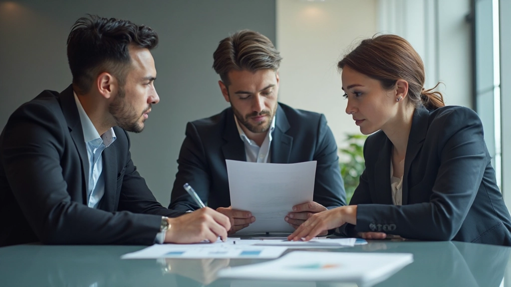 Команда финансовых специалистов проводит совещание у стола с графиками и финансовыми документами, анализируя инвестиционный портфель