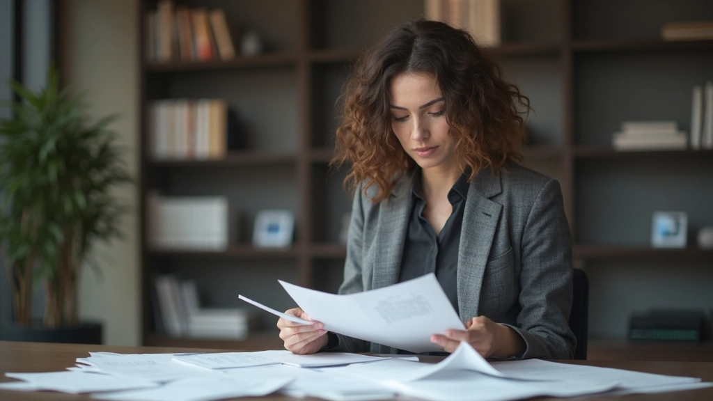 Аудитор проверяет налоговые документы и отчётность компании в офисе