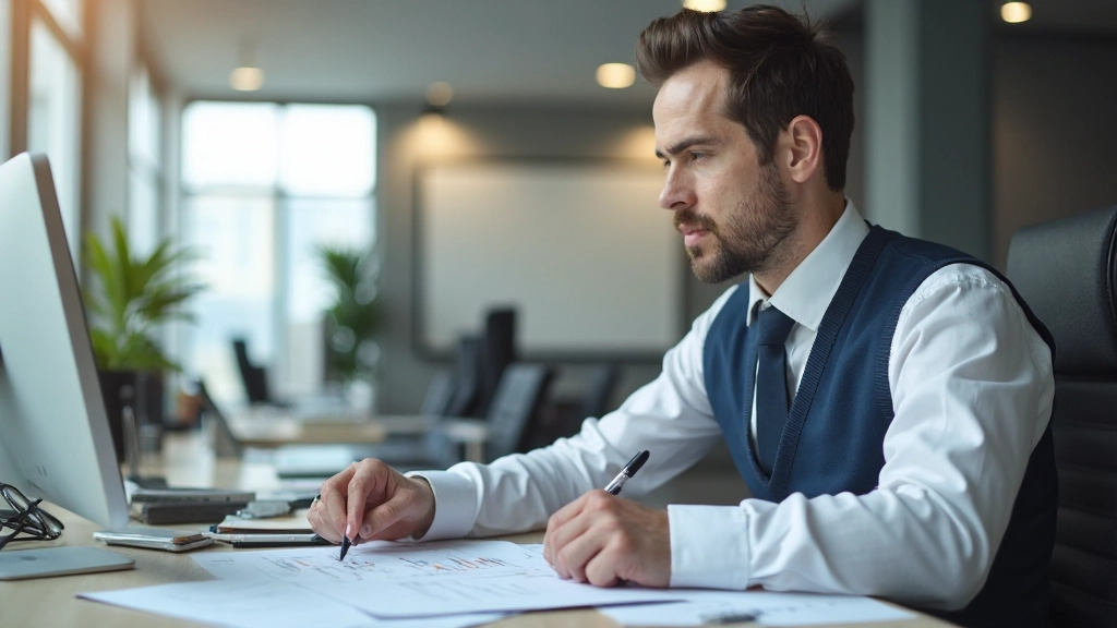 Профессиональный финансовый аналитик работает с документами на рабочем столе в современном офисе