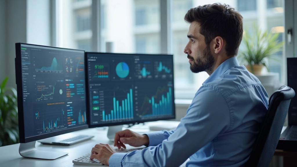 Финансовый аналитик анализирует графики и диаграммы доходов на компьютере
