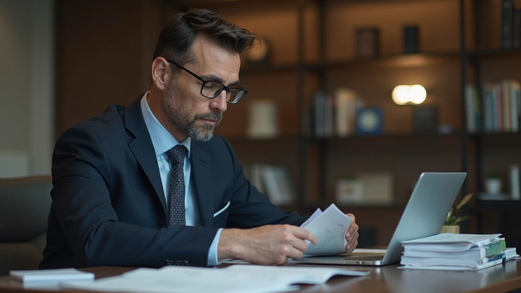 Налоговый консультант изучает налоговые документы и нормативные акты в офисе